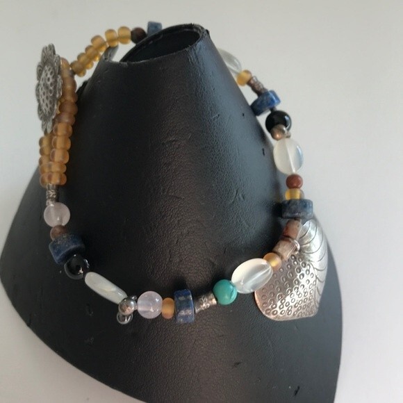 Vintage Handmade Sterling Silver Sunflower Heart Gemstone Bracelet Approx 8 in - Picture 2 of 8